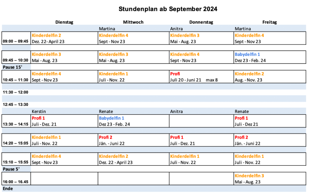 Stundenplan Babyschwimmen 2024